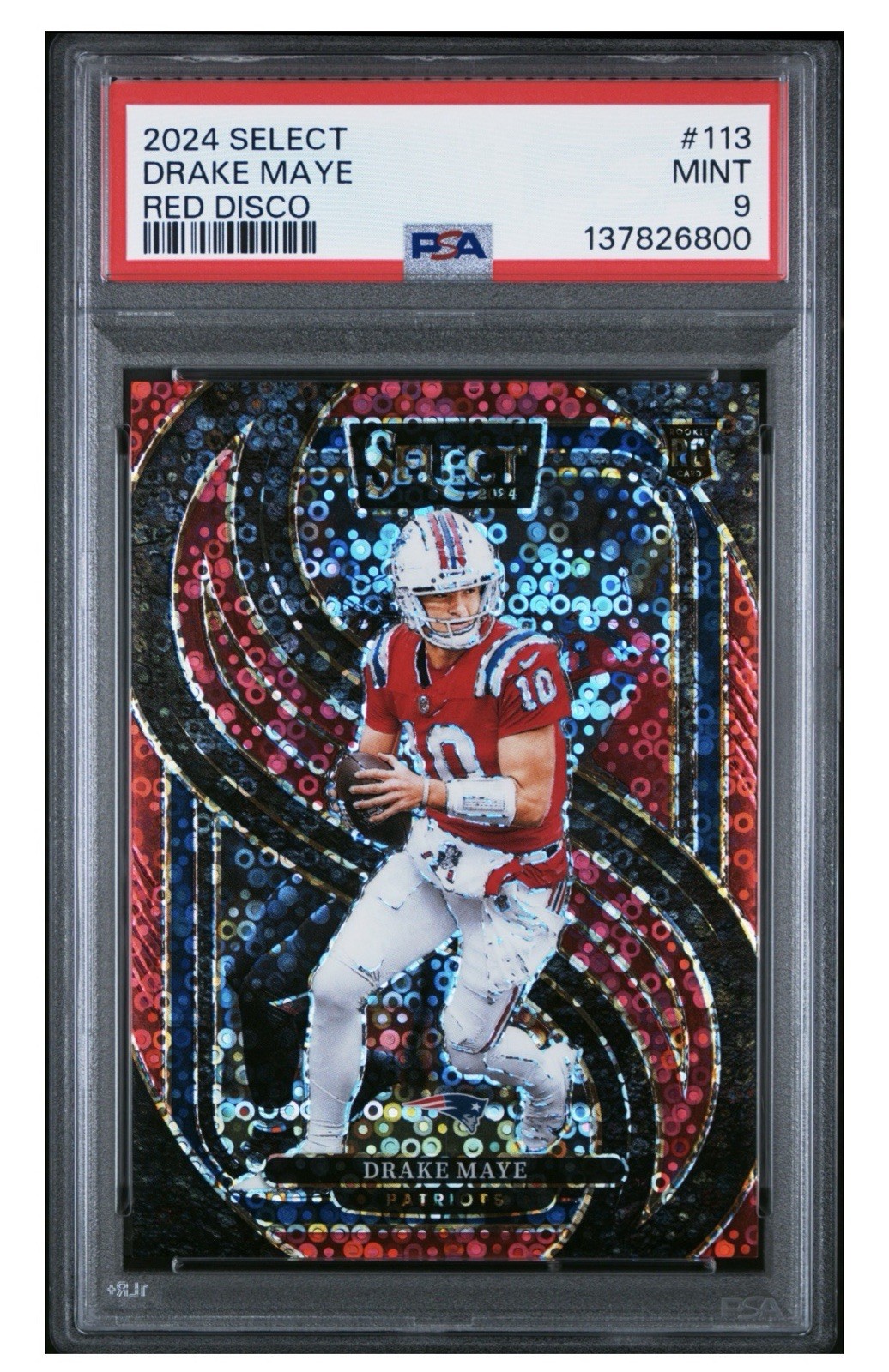 2024 Panini Select Drake Maye RC Premier Level Red Disco Prizm #24/49 --  PSA 9
