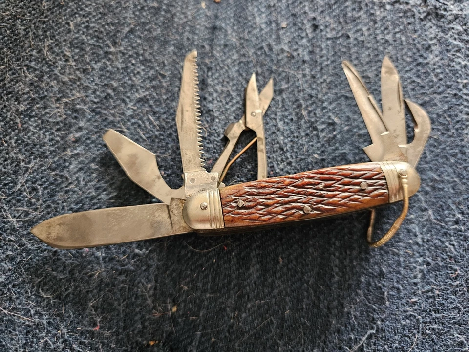 Navaja de bolsillo vintage Japón Mitsuboshi mini camping utilitaria 8 herramientas Mitsubishi  Foto 3 de 4