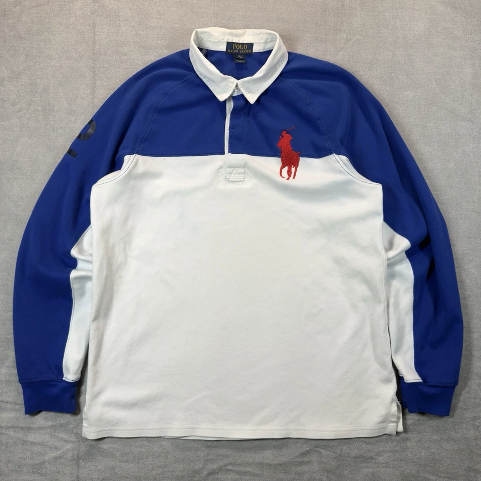 Polo Ralph Lauren Shirt Boys XL 18/20 Rugby Blue White Color Block Big Red Pony - Image 2 of 4