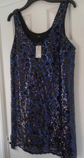 BNWT RIVER ISLAND Size 18 BLUE BLACK DESIGN SEQUIN EVENING DRESS COCKTAIL PARTY