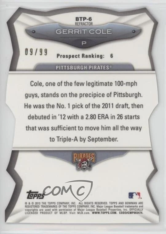 2013 Bowman Top 100 Prospects Die-Cut Refractor /99 Gerrit Cole #BTP-6 Rookie RC - Image 2 of 2