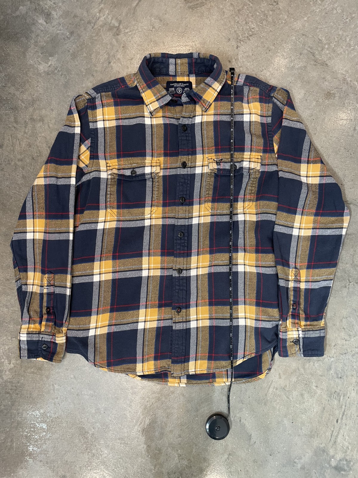 American Eagle Flannel Shirt L Blue Plaid Red Yellow White Athletic Fit thumbnail 5