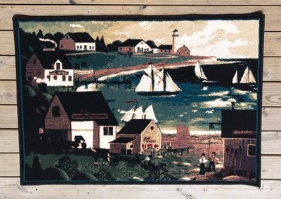 Vtg 1999 Shaw Rugs Seaside Village Area Rug Tapestry 56''x39'' Ships Lighthouse