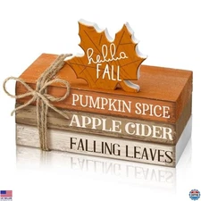 4 Pcs Fall Decorations - Wood Book Stack, Autumn Decor for Tiered Tray & Shelf