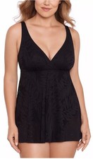 NEW Swim Solutions Black Leaf Mesh Swim Dress Size 18 Sheer Overlay One Piece