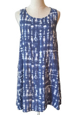 Tahari 100% Linen Dress M Flair Blue & White Sleeveless Summer