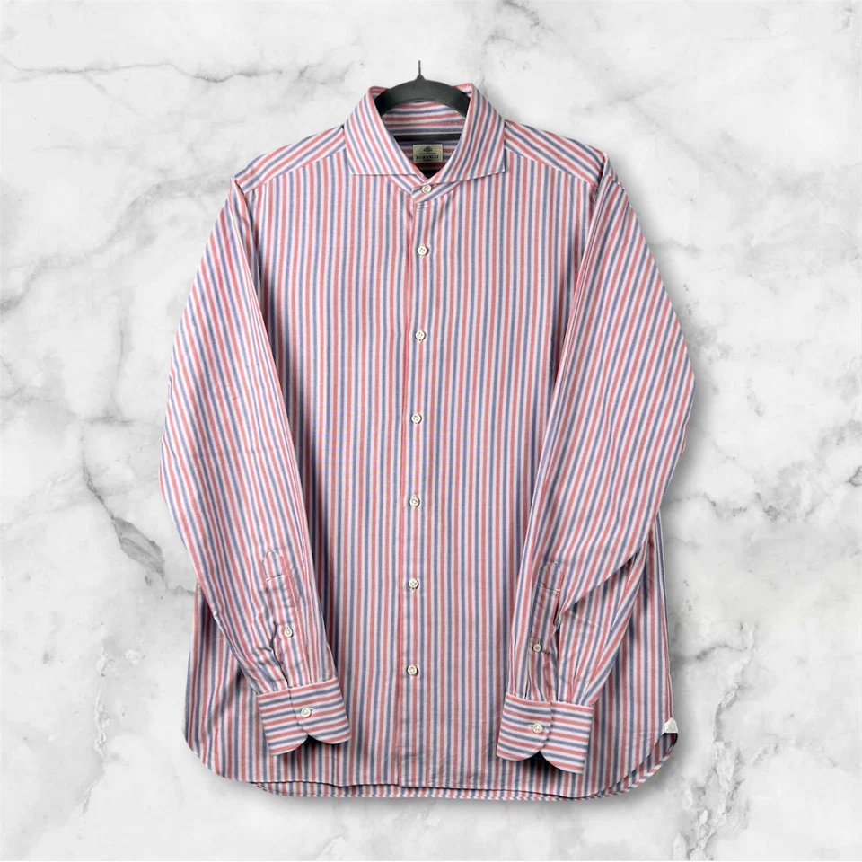 LUIGI BORRELLI NOPOLI Dress Shirt Mens Size 16/41 Striped Red Blue Collar Italy - Image 2 of 4