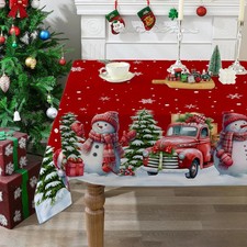 Christmas Snowman Truck Xmas Tree Tablecloth for Table Decor Winter Snowflakes K
