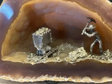 Vintage Hand Cut Art " Gold Digger " Prospector " Mining Man & Gold Cart