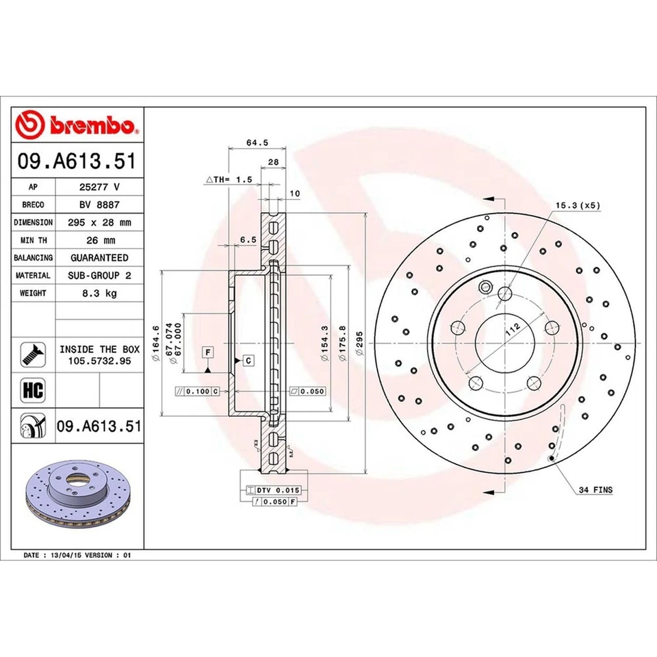 Rotor de freno de disco Brembo 09.A613.51 para 08-14 Mercedes-Benz C230 C250 C300 Foto 3 de 4