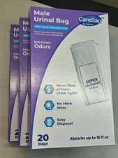 CareBag Medical Grade Super Absorbent Pad Male Urinal Bag - 20 Pack - Lot Of 3
