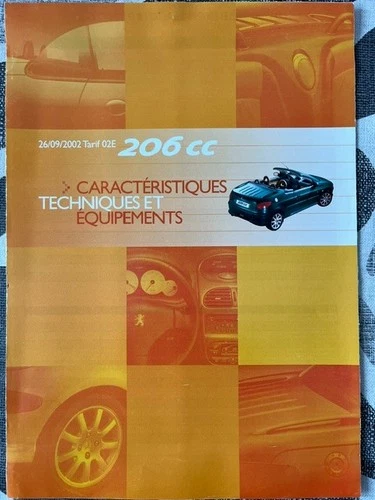 2002 Peugeot 206 CC TECHNICAL CHARACTERISTICS catalogue / brochure -
