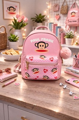 New Paul Frank Julius Monkey Mini Backpack Pink Polka Dot Y2K Kidcore Pom Pom