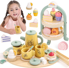 Wooden Tea Party Set for Little Girls, Toddler Tea Set with Cupcake Stand Food