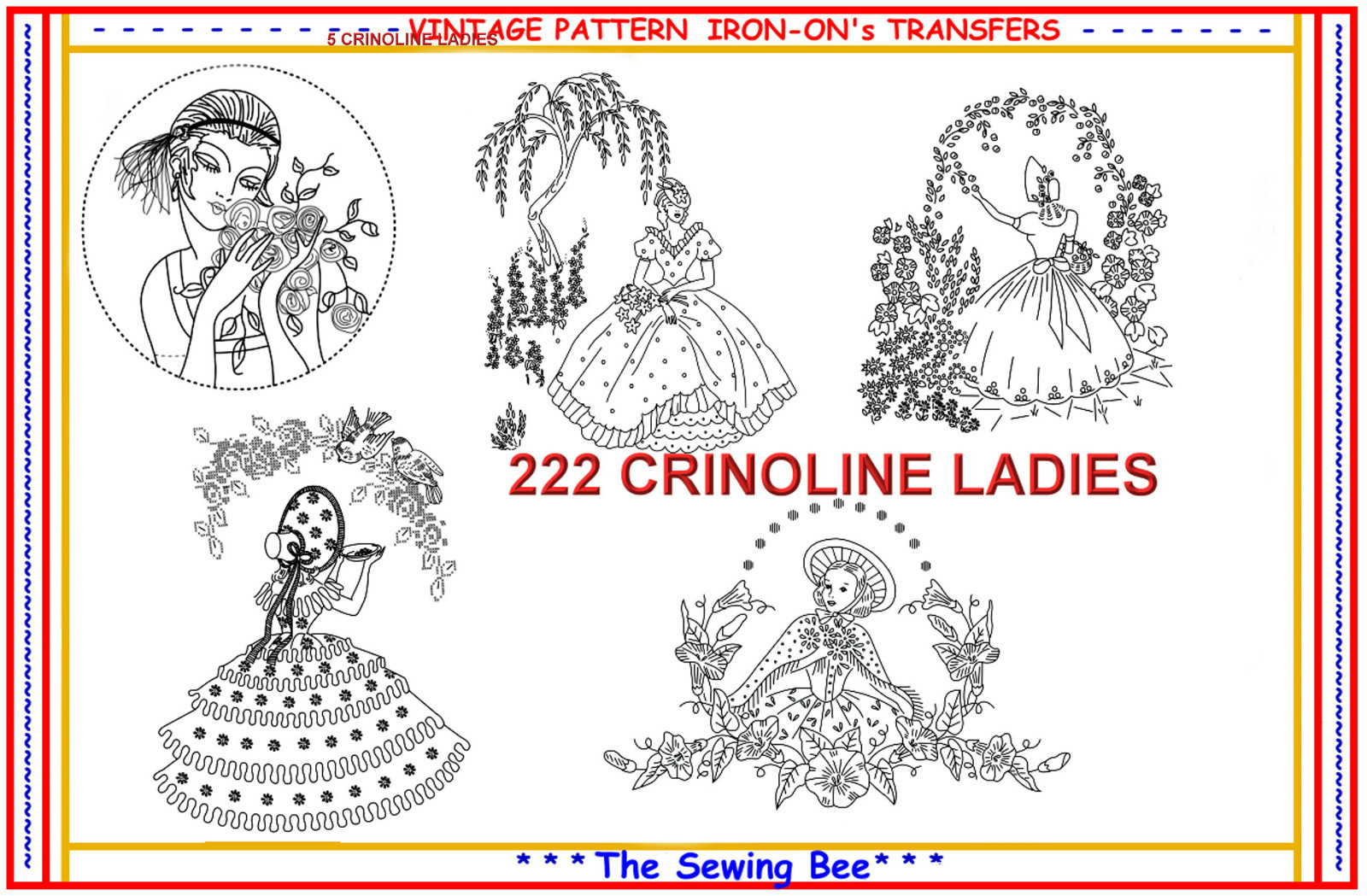 222 ~ 5 Crinoline Lady - Ladies Embroidery  IRON-ON Transfers Patterns