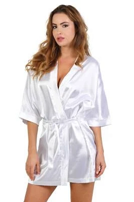 Kurzer Damen Satin Morgenmantel Kimono mit Gürtel Weiß 34/36/38 #UW341 - Bild 1 von 3