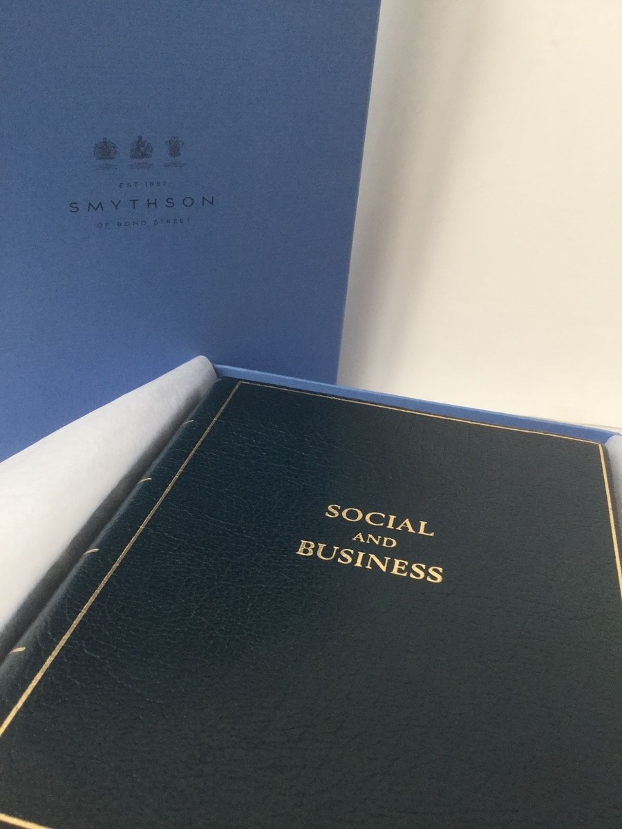 NWOT SMYTHSON BOND STREET NAVY LEATHER GOLD BOXED SOCIAL