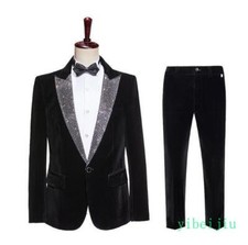Men's Dress Stage Banquet Blazer Pants Suits Slim Fit Velvet Diamond Rhinestones