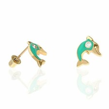 Solid 14k Yellow Gold Kids Enamel Fish Screw Back Earrings with White CZ Stone