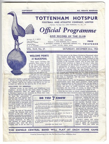 TOTTENHAM v ARSENAL  1950/51 Programme  SPURS CHAMPIONSHIP WINNING SEASON - Picture 1 of 2