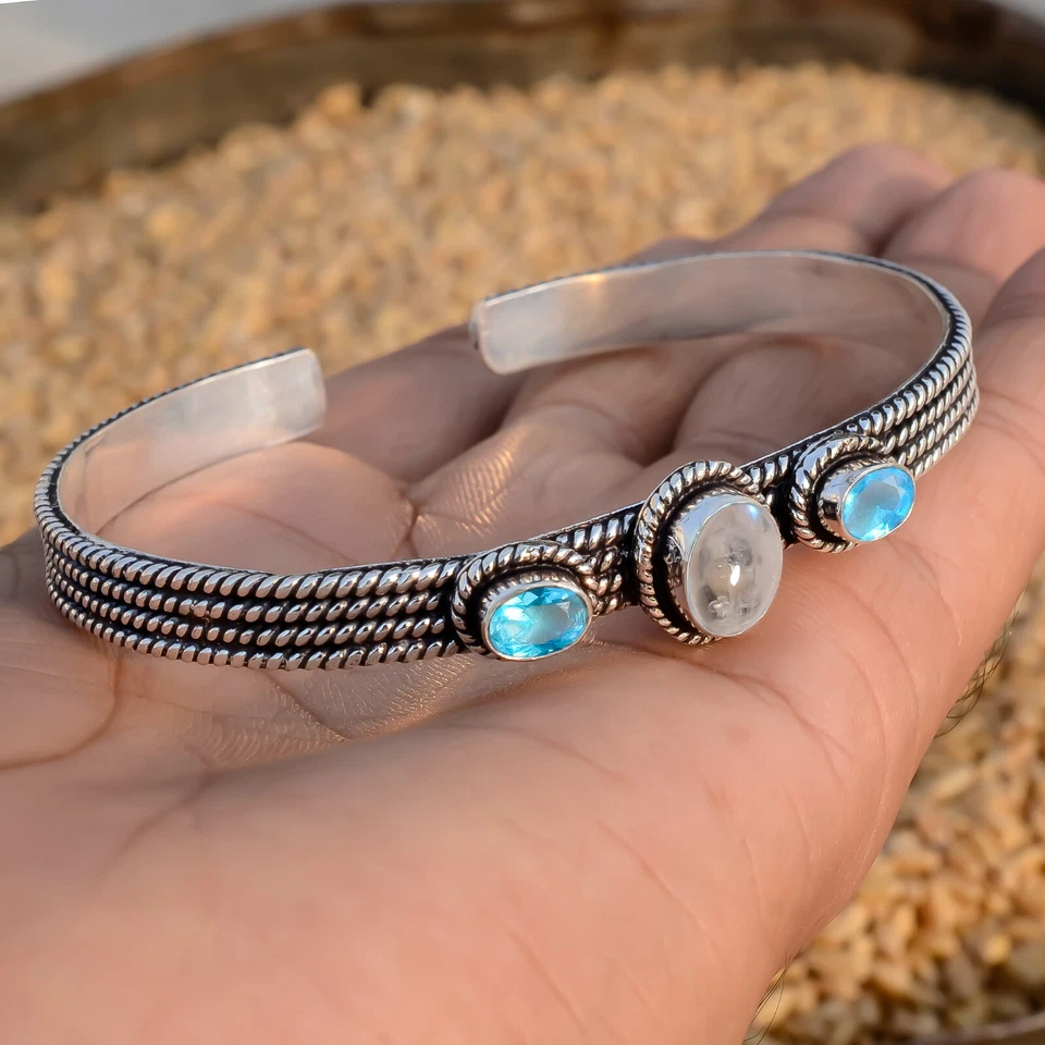 Pulsera de cumpleaños de hombre de plata de ley 925 con piedras preciosas de topacio azul y piedras preciosas de luna Foto 3 de 4