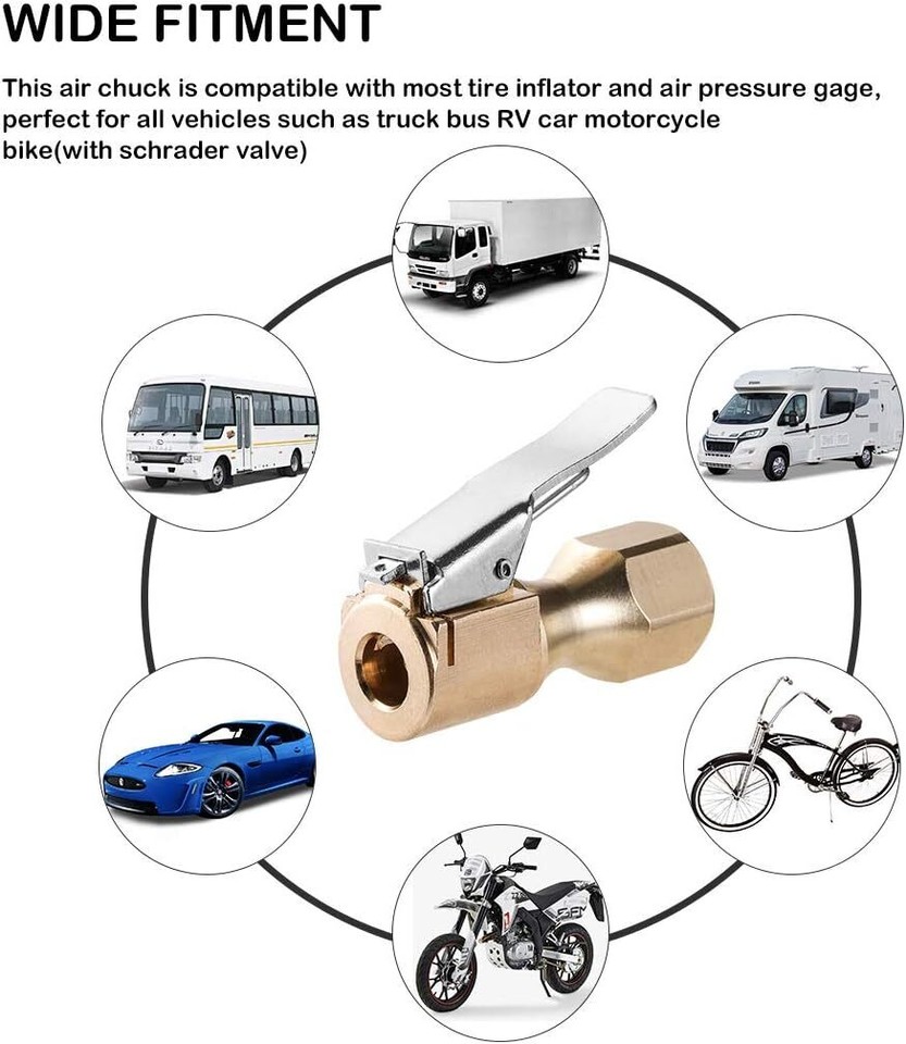 Air Chuck Tire Pressure Gauge Heavy Duty Brass Tire Chuck (2-Pack) - 1/4" FNPT Clip-On Air Nozzle For Inflators & Compressors Tire Deflator