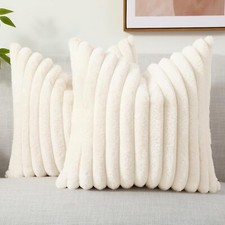 Artificial fur pillowcase. Soft plush striped neutral sofa pillowcase
