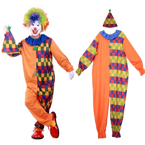 Circus Clown Costume Halloween Party Grids Fancy Dress Mens Clothes w/ Hat - Picture 3 of 12