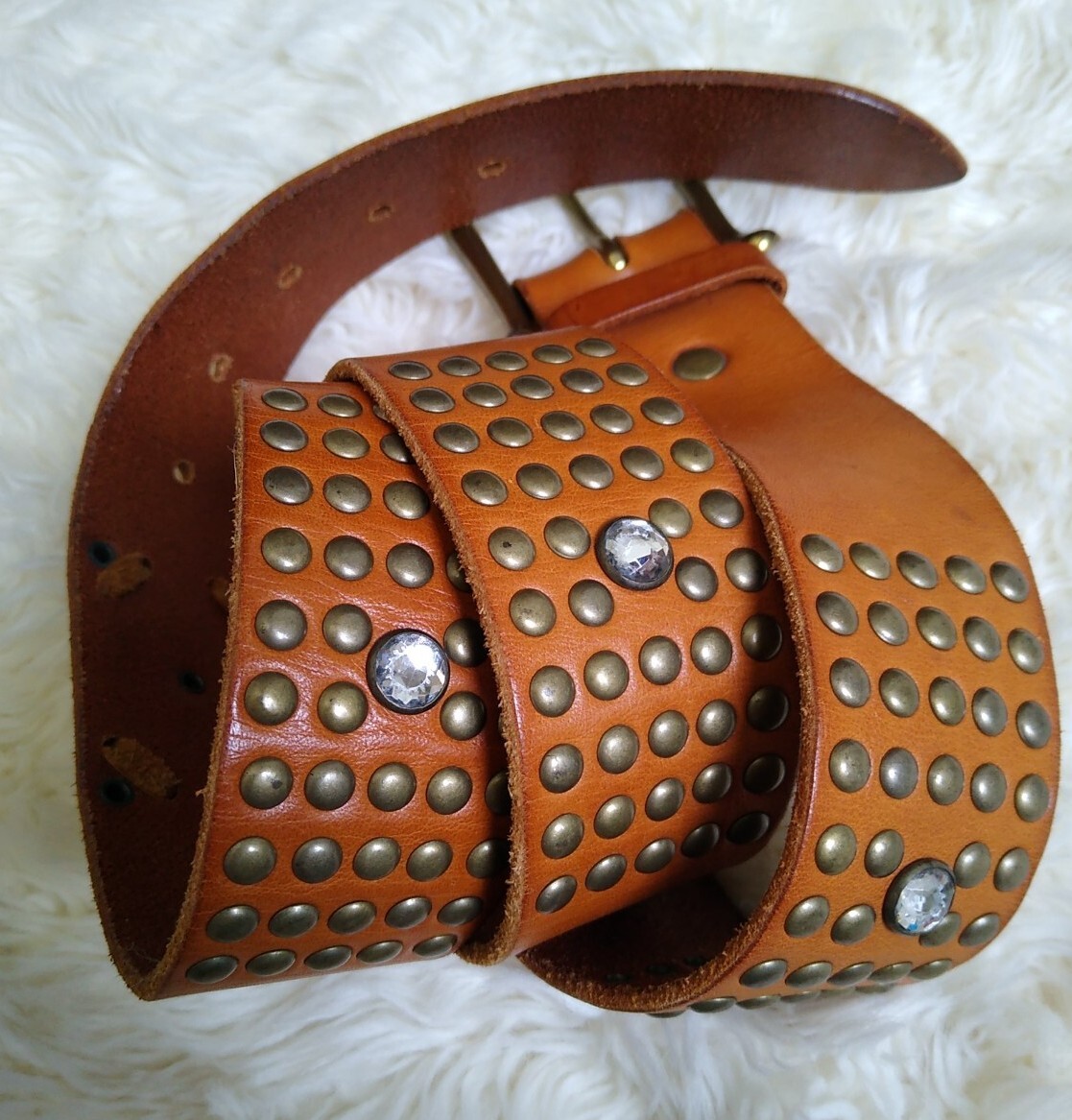 LINNEA PELLE Sz L Leather Belt Dark Tan w/RHINESTONES and 