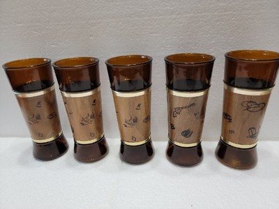 Five Siesta Ware Amber Bar Glasses With Walnut Western Wrap