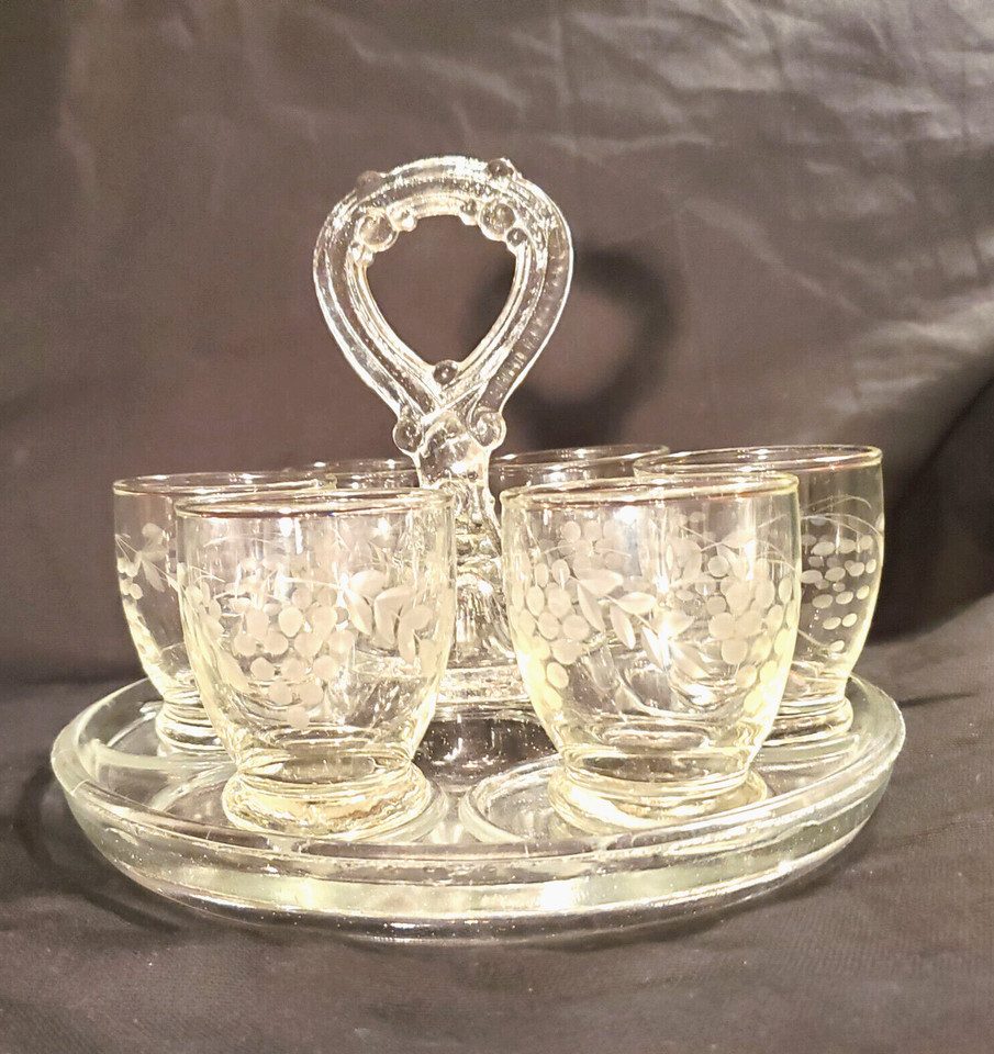 Vintage Liquor Cordial Set of 6 Hand Blown and Etched Glass  with Carrier Rare
