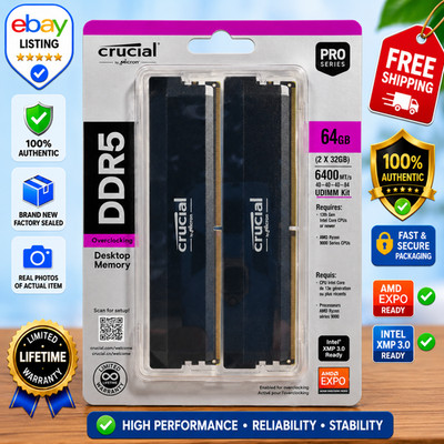 Crucial Pro OC DDR5 RAM 64GB Kit (2x32GB) 6400MHz CL40 XMP 3.0 AMD EXPO