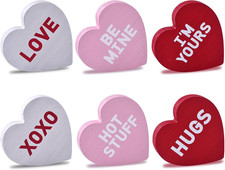 Wooden Valentines Day Decor Heart Blocks, 6PCs Freestanding Wood Heart Signs for