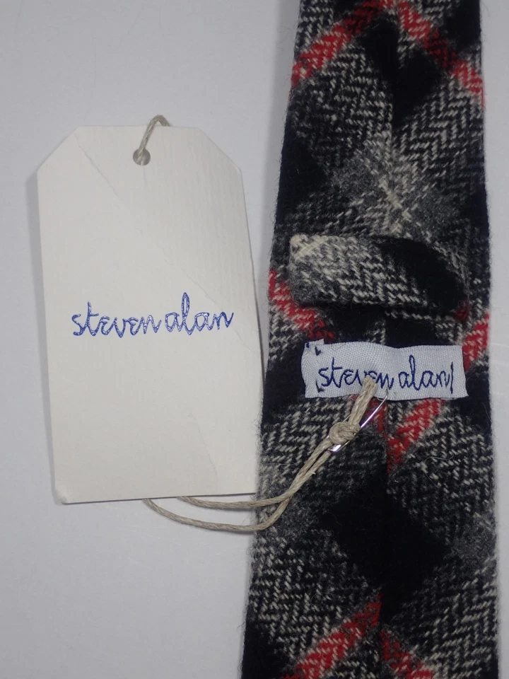 STEVEN ALAN BLACK WHITE RED PLAID SKINNY 100% WOOL NECK TIE MADE IN USA 58.5" - Image 2 of 4