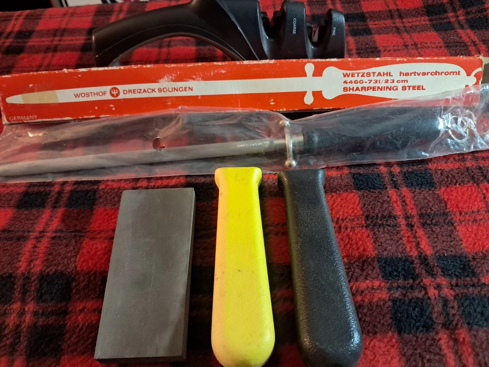 Lot of Knife Items! Wusthof Sharpener Steel Sharpening Rod & Stone! Used