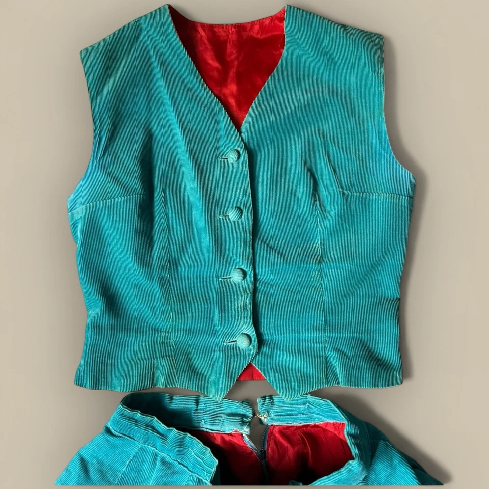 Conjunto de falda chaleco chaleco pana años 70 de colección verde azulado forrado para mujer XS hecho a mano Foto 2 de 4