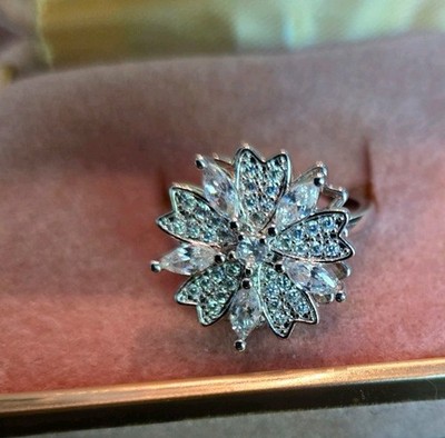  Unique Silver Plated Marquise and Round CZ Flower Spinner Ring