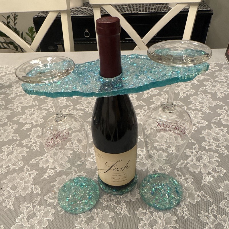Blue Resin Glitter Wine Bottle Caddy w/ Stemware Holder & 3 Coasters