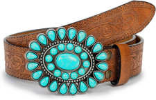 Western Cowgirl Belt for Women,Vintage Engraved Tooled Leather Belt Turquoise...