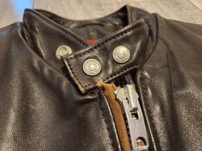 VINTAGE Schott NYC Leather Jacket Cafe 70s Size 42 Brown Talon Fur