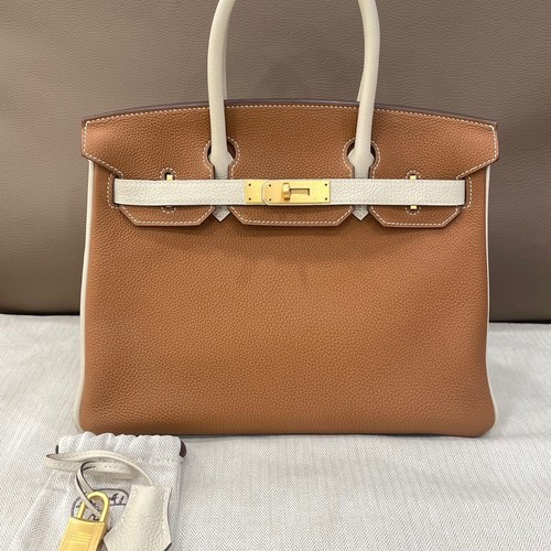 Hermes Birkin 30 Medium Gold Brown With Milk White GHW Calfskin Leather Auth