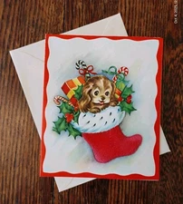 Dog In Stocking Vintage 1940s Christmas Card wEnv Unused 5"x6" Flocked Adorabe! 