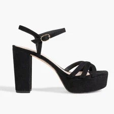 STUART WEITZMAN Starla 130 Block Heel Suede Almond Toe Platform Sandals Black