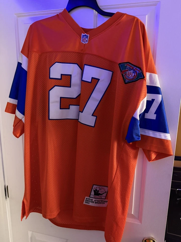 1994 Denver Broncos Steve Atwater #27 NFL AFC 75th Patch Orange Blue Jersey 60 - Image 3 of 4