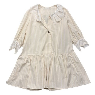 Sandro Cintia Gathered Striped Cotton Mini Shirt Dress Ruffle Collar Size 40