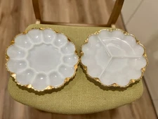Set of 2 Anchor Hocking Fire King Deviled Egg & Divided Plates 22k Gold Trim