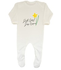 Dydd Gwyl Dewi Hapus with Daffodil Baby Grow Sleepsuit Boys Girls