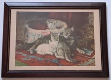 CAT AND KITTENS, 1900 Chromolithograph, Artist Louis Eugene Lambert, Framed