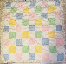 Vintage Baby Blanket Square Crib Toddler Bed Quilted Blue Multicolor Patchwork