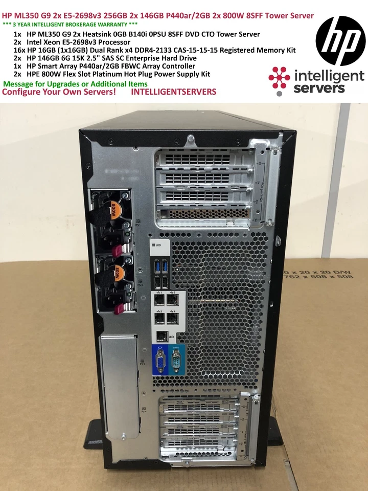 HP ML350 Gen9 2x E5-2698v3 256GB 2x 146GB P440ar/2GB 2x 800W 8SFF Tower Server - Image 2 of 2